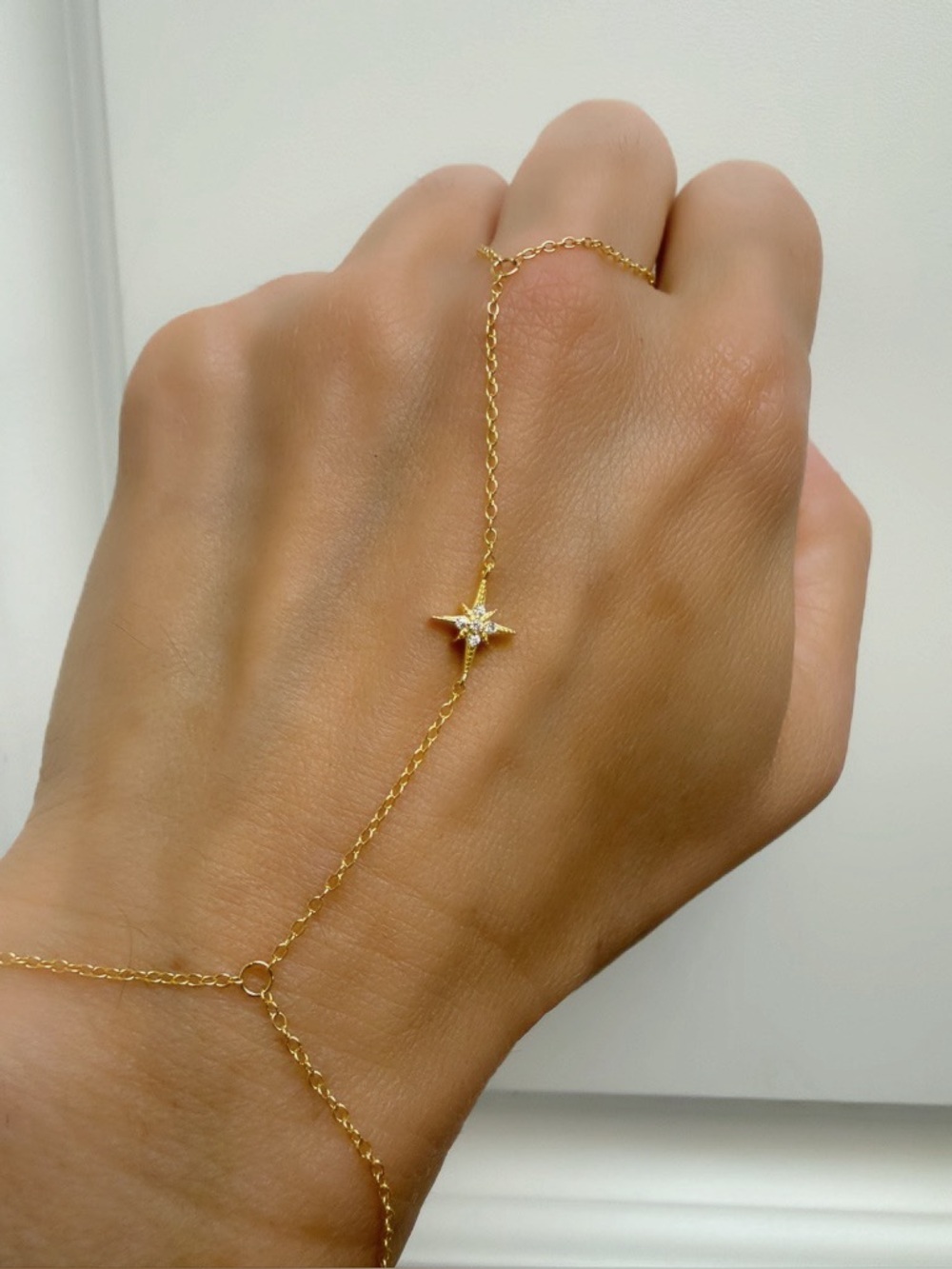 North Star Gold Plated Hand Chain Ring Bracelet CZ Adjustable Delicate